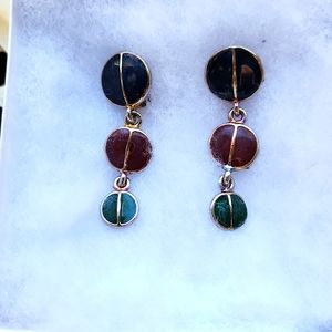 NEW.  BLUE, RED AND GREEN CERAMIC DANGLE CLIP EARRINGS.  NWOT